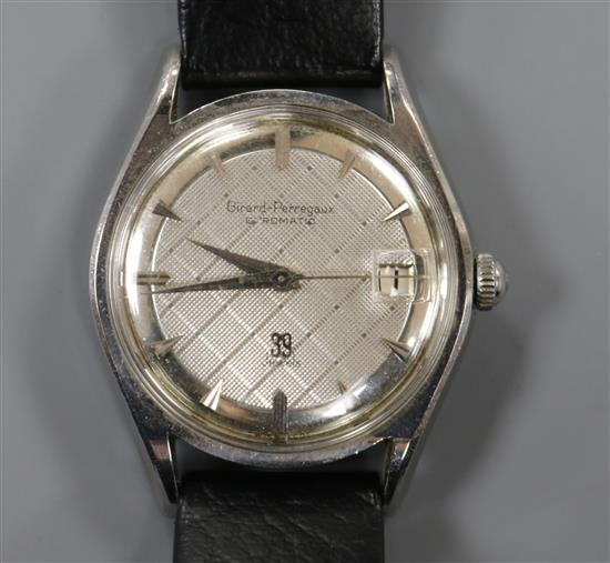 A gentlemans stainless steel Girard Perregaux Gyromatic wrist watch,